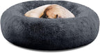 SAVFOX 36 inches Calming Donut Dog Bed - 3X Durable Plush Faux Fur, Machine Washable & Non-Slip, Fits up to 100 lbs, Dark Grey