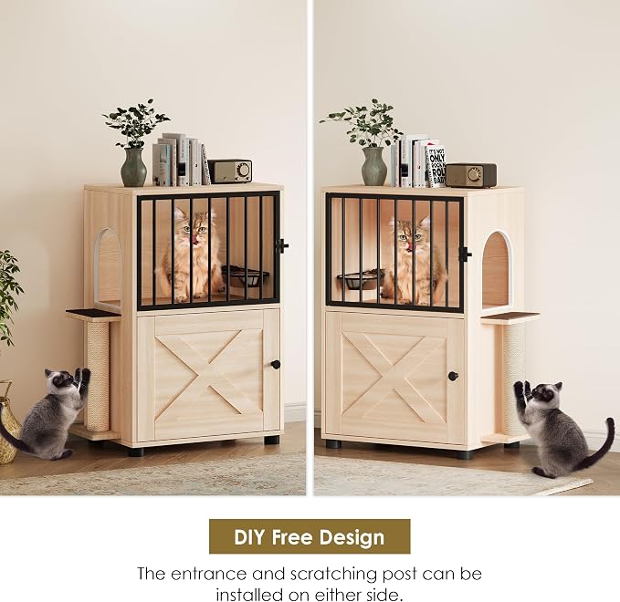 Dog Proof Cat Feeding Station, Dog Proof Cat Feeder, Cat Food Table | Cat Feeding Station with Scratching Post, Elevated Cat Food Bowls with Stand, Pet Food Storage Cabinet, Cat House Furniture