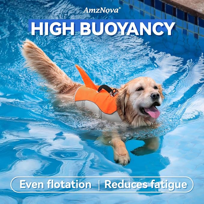 AMZNOVA Dog Swim Vest Shark Dog Life Jacket Life Vest | Lifejacket with Shark Fin & Handle for Boating & Swimming, High Visibility Adjustable for Doggy Cat Puppy, XL, Bright Orange