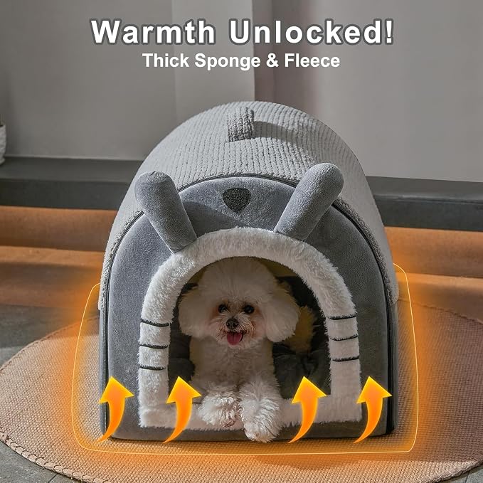 Jiupety Small Dog House Indoor, Cat House with Door Curtain Design, Puppy House with Reversible Washable Cushion, M Size Portable Pet Cave for 7-13 lb Cats and 5-11 lb Dogs, Non-Slip Bottom, Grey