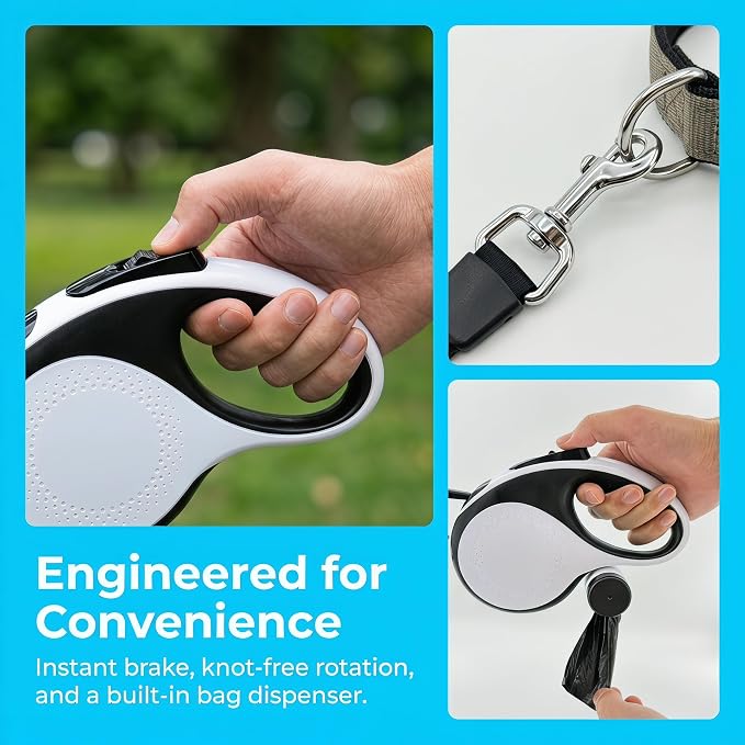 26ft Retractable Dog Leash Durable for Dog up to 110lbs, White | Automatic 8M Tangle-free Strong Nylon Leash for Large Dogs,Built-in Waste Bag Dispenser, One-hand Brake & Lock