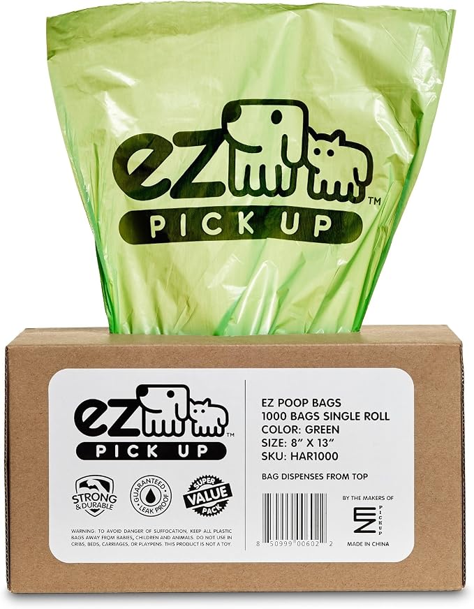 1000 Pet Waste Disposal Dog Poop Bags, EZ Pickup Bags Green (Single roll, not on Small Rolls) | dog training, clean up bag, large 8"x13", single roll - not on small rolls