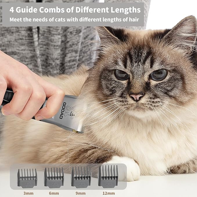 Quiet Cat Clippers & Cat Grooming Kit for Matted & Long Hair | 250Min Cordless Pet Shaver, Low Noise Pet Hair Trimmer for Grooming,2in1 Wide & Narrow Blades,4 Combs,Scissors & Glove(Gray)