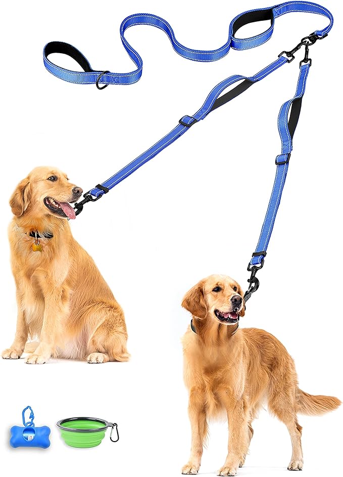 PetBonus Double Dog Leash, No Tangle Dual Leash, Reflective Walking Training Lead, 4 Comfortable Padded Handles for 2 Dogs with Collapsible Bowl and Waste Bags (Blue, Large) | 4 Comfortable Padded Handles, Adjustable, Reflective, For Two Large Medium D...