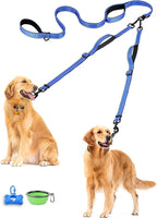 PetBonus Double Dog Leash, No Tangle Dual Leash, Reflective Walking Training Lead, 4 Comfortable Padded Handles for 2 Dogs with Collapsible Bowl and Waste Bags (Blue, Large) | 4 Comfortable Padded Handles, Adjustable, Reflective, For Two Large Medium D...