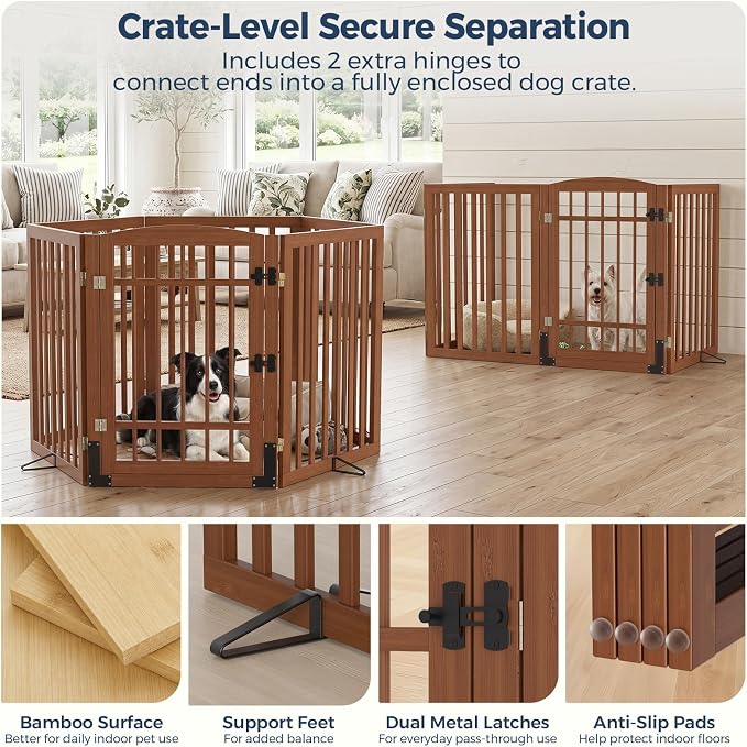 Homykic Dog Gate Indoor, 142" W x 30" H Extra Wide Foldable Bamboo Pet Gate with Door, No Assembly Freestanding Dog Fence with 2 Support Feet & 360°Hinges for Doorways Hallways (Walnut, 6 Panels)