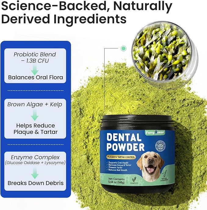 Dog & Cat Teeth Cleaning Powder: Plaque & Tartar Control with Brown Algae, Kelp, Probiotics (1.3B CFU), Sodium Hexametaphosphate & Enzymes – Freshens Breath – Chicken Flavor, 64 Scoops