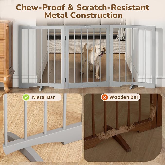 Free Standing Dog Gate Indoor, Foldable Dog Gate for Doorways Stairs | 3-Panel Freestanding Pet Gate with Support Feet for Stability, Folding Puppy Gate Easy to Move, Doggy Gate 54"x24", Grey