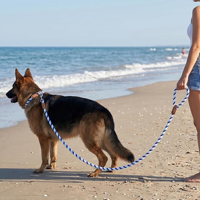 Mile High Life Rainbow Dog Leash Braided Cotton Rope w Leather-Wrapped Ends | Rust-proof 360° swivel clasp, Heavy-duty for medium/large breeds. Great for weddings, daily walks (5FT, 1/2", Blue Gradient)