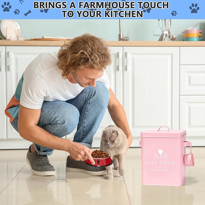 Meraki Home Farmhouse Cat Food and Treats Containers + Feed Scoop + Pet Food Bowl - Tight Lids - Large Metal Storage Bin - Great Gift for Cute Pets (Matte Pink)