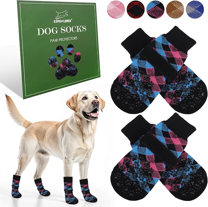 EXPAWLORER Dog Socks to Prevent Licking Paws, Dog Shoes for Hot Pavement, Anti Slip Dog Booties for Hardwood Floors, Dog Boots & Paw Protectors for Small Medium Large Senior Dogs, Pink Blue M
