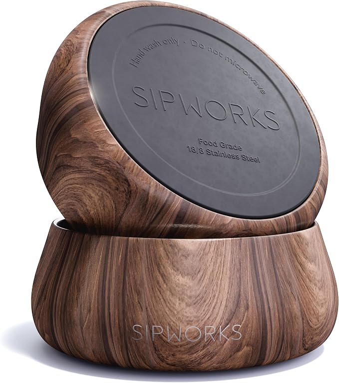 Sipworks Stainless Steel Pet Water Bowl for Cats & Dogs | Reusable Stainless Steel Insulated Food Bowls for Cat Dog | No Slip No Tip No Spill BPA Free | 32oz | Mahogany