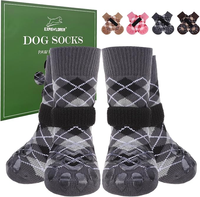 EXPAWLORER Dog Socks to Prevent Licking Paws,Anti Slip Dog Shoes for Hot Pavement,Dog Booties for Hardwood Floors,Dogs Boots & Paw Protectors for Small Medium Large Senior Dogs,British Style,Black XL