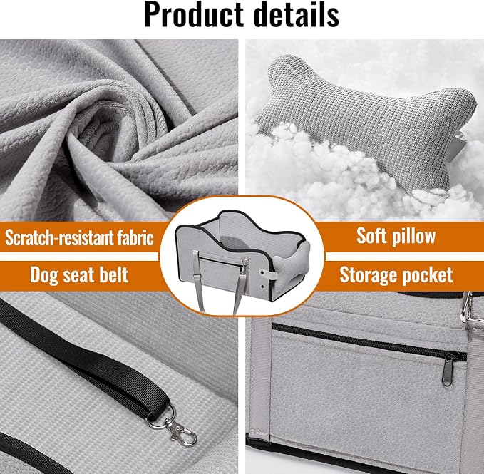 Center Console Dog Car Seat,Dog Car Seats for Small Dogs with Soft Mattress,Pet Puppy Cars Seat (Grey, Medium)