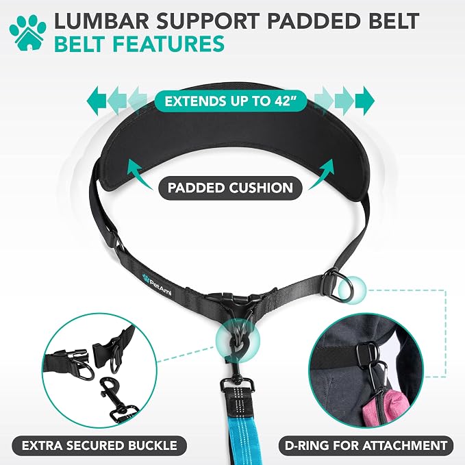 PetAmi Hands Free Double Dog Leash with Padded Lumbar Waist Belt, 360 No-Tangle Swivel Coupler, Bungee Shock Absorbing Dual Leash for Two Dogs Medium Large, Reflective, Turquoise