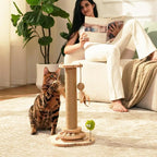 TINYBEAST Wooden Cat Scratching Post fot Kittens, 4 in 1 Cat Scratcher Toy with Cat Ball Tracks, 18" Tall Sisal Scratch Post for Indoor Kittens, Interactive Feather Toy and 2 Sisal Hanging Balls