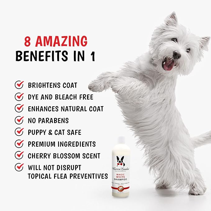 Warren London Magic White Dog Shampoo | Whitening Shampoo for White Dogs & Lighter Dog Coats | Puppy and Cat Safe Grooming Supplies | Cherry Scent | Made in USA | 17oz