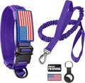 Tactical Dog Collar and Bungee Leash,Military Dog Collar & Leash Set with USA American Flag Adjustable K9 Collar with Heavy Duty Metal Buckle & Handle,with Patches and Airtags Case (Purple, L)