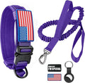 Tactical Dog Collar and Bungee Leash Set, Adjustable Military Training Nylon Dog Collar with Controll Handle and Heavy Metal Buckle，with USA American Flag, Patches and Airtags Case (Purple, XL)