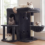 Heybly 26.3" Cat Tree for Large Cats with Big Perch & Dual Condos HCT204SG | 26.3-inch Spacious Cat Tower with Scratching Posts, Stair-Style Cat House Furniture with Cozy Basket & Pompom, Smoky Gray