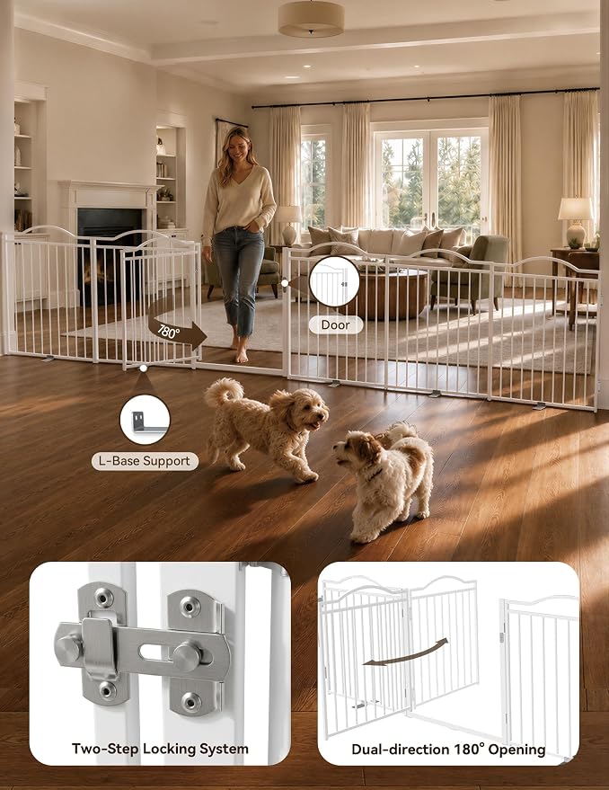 No Pawblems Full Metal Free Standing Dog Gate with Door, 30'' Tall | Foldable Freestanding Pet Gate for Indoor & Outdoor, Up to 156 Inch Extra Wide Dog Fence for Doorways, Stairs, Deck - White
