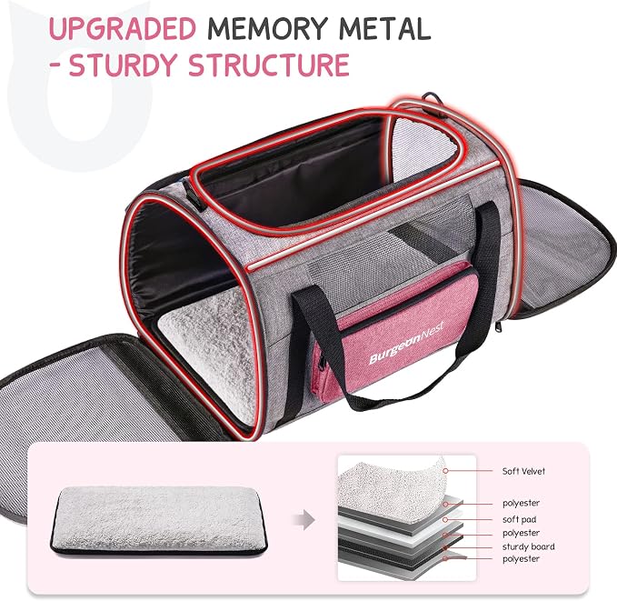 BurgeonNest Cat Carriers for Medium Puppy Under 25 lbs, Pet Carrier for Cats with Unique Side Bag,Top Load Small Pet Bag Soft-Sided Escape Proof with 4 Ventilated Windows | Soft sided pink cat carrier with mesh windows, ventilation and storage pocket f...