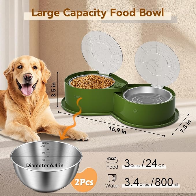 Newget 304 Stainless Steel Dog Bowl Set with Lids, 24oz Foldable Pet Dishes | Dual Food & Water Pet Bowl, Anti-Skid, Keeps Food Fresh, Easy to Install, for Small - Large Dogs/Cats - Indoor & Outdoor Use