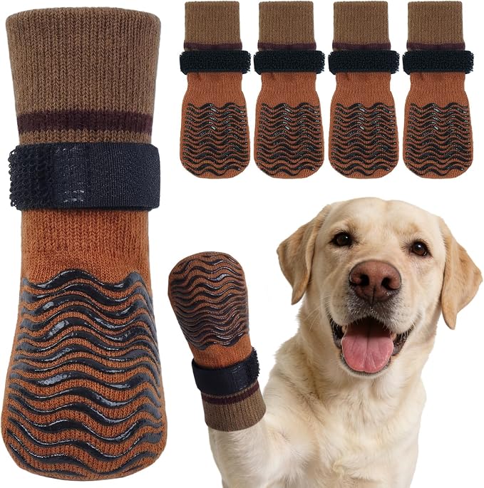 Kuoser Non Slip Dog Socks for Hardwood Floors, Anti-Slip Dog Grippy Socks to Prevent Licking Paws, Double-Sided Traction Dogs Booties Paw Protectors for Small Medium Large Senior Dogs, 4 Pack-Brown XL