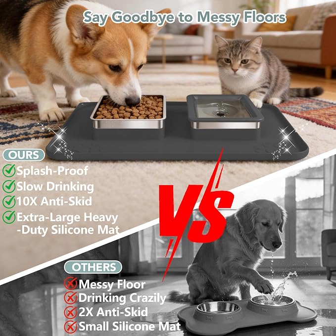 Dog Bowl Set, No Spill Dog Water and Food Bowl with Silicone Mat | Large Capacity 304 Stainless Steel Bowls, 2-In-1 Set, Slows Drinking, Anti-Slip Silicone Feeding Mat, Home/Travel, 6-7 Cups