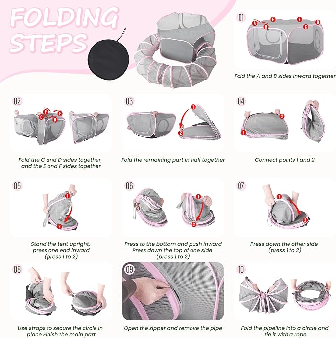 X-ZONE PET Portable Catio Playground, Outdoor Cat Enclosure, Enclosed Tent Playpen Tunnel for Indoor Cats & Small Animals, with Bag Storage 45 Inch Pink