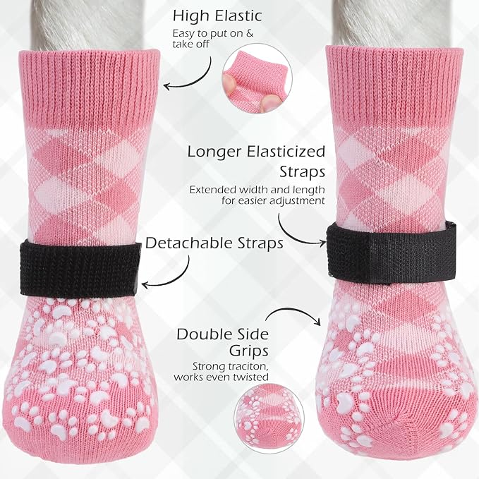 EXPAWLORER Dog Socks to Prevent Licking Paws, Dog Shoes for Hot Pavement, Anti Slip Dog Booties for Hardwood Floors, Dog Boots & Paw Protectors for Small Medium Large Senior Dogs, Pink XS