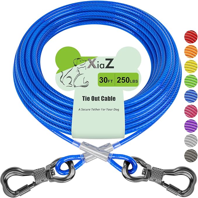 XiaZ Dog Tie Out Cable, Heavy Duty Dog Chains for Outside with Lockable Hook, Pet Runner Cable Leads for Yard, Dogs Line Tether for Small Medium Dogs Up to 250 LBS (30FT, Blue)