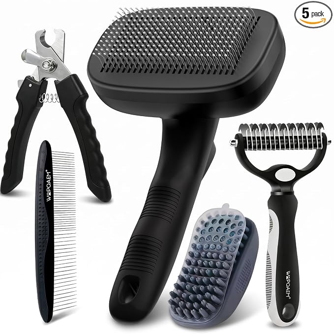 5 PCS Cat & Dog Grooming Kit Brush, Self-Cleaning Slicker Hair Brush, Nail Clipper, Undercoat Rake, Pet Bath Brush with Removable Screen,Pet Comb for Short & Long Haired Dogs Cats, Black