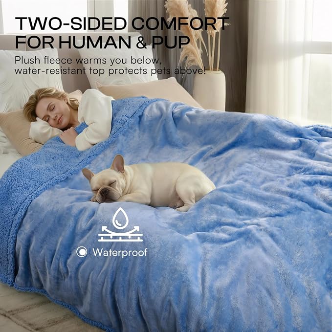 Luciphia Waterproof Blanket for Large Dog, Reversible Sherpa Couch Cover | waterproof pet blanket sherpa fleece reversible couch cover bed protector car from spills scratches, Blue 57" x 40"