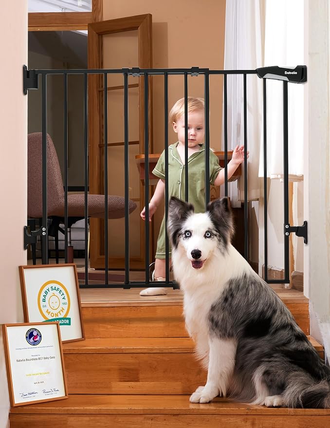 Babelio Baby Gate for Stairs, Kitchen & Doorways, No Bottom Bar| Easy Installation| One-Handed Operation| Auto-Close| Hardware Mount (Drill Needed) Safety Dog Gate (White - B17, 29-49" W, 28" H) | Easy Install| One-handed Opening| Auto-close| Drill Nee...