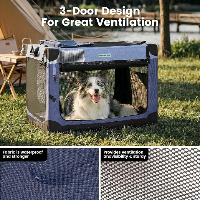 Gardner Pet Soft Collapsible Dog Crate - 30 Inch Portable Travel Dog Crate for Small/Medium Dogs Indoor & Outdoor, 3-Door Pet Crate with Durable Mesh Windows & Storage Bag, Blue
