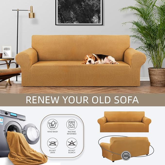 Stretch Couch Covers for Sofa, 3 Cushion Couch Slipcover,Golden | 1-Piece Washable Sofa Cover Pet Friendly(78"-94") Furniture Protector Soft Jacquard, Elastic Bottom for Dogs & Kids