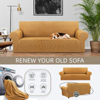 Stretch Couch Covers for Sofa, 3 Cushion Couch Slipcover,Golden | 1-Piece Washable Sofa Cover Pet Friendly(78"-94") Furniture Protector Soft Jacquard, Elastic Bottom for Dogs & Kids