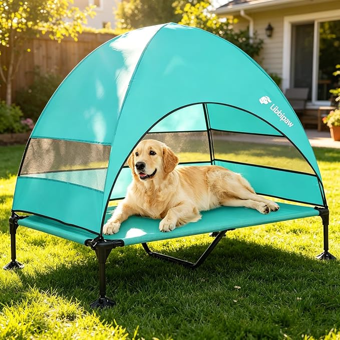Elevated Dog Bed with Canopy for X-Large Dogs, Blue | UV-blocking shade, breathable Teslin mesh, tool-free setup, indoor-outdoor comfort for patios, balconies, travel