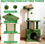 32.8inch Small Cat Tree Tower Condo for Indoor Cats, Soft Plush Multi-Level Climbing Tree Cat House with Cat Cave, Scratching Post, Sisal Rope, Green