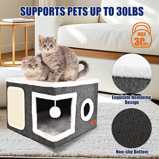 Felt Cat Cave Beds for Indoor Cats, Foldable Cat Hideaway with Scratch Pad and Fluffy Ball, Large Covered Cat House with Reversible Cushion for Multi Small Pet