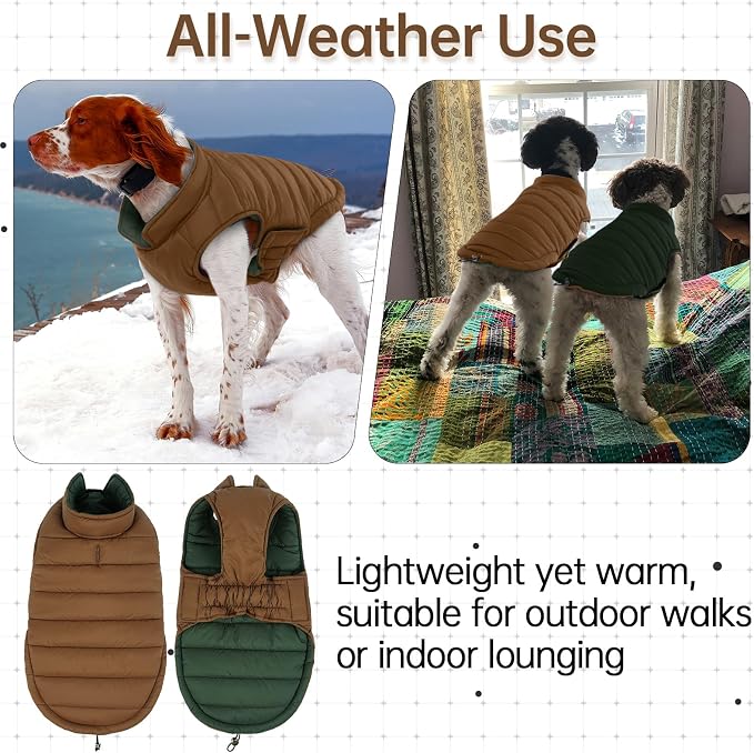 Lelepet Reversible Dog Coat Windproof Dog Jacket Lightweight Puffer Vest | Winter Jacket Warm Cold Weather Coat for Small Dogs Adjustbale Hook & Loop Pet Apparel with Leash Hole, Shih Tzu, Brown, S