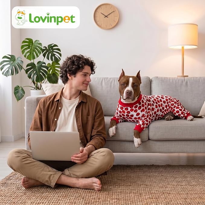 LovinPet Large Dogs Pajamas Clothes, Pitbull Onesie, Slim Fit, Lightweight Pullover Pajamas, Pitbull Clothes, Full Coverage Dog Pjs, Red Ladybug Prints, Full Coverage Large Breed Dog Pjs, 3XL