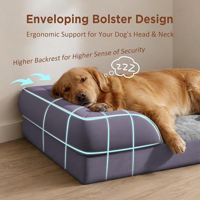 Comfort Expression Orthopedic Dog Bed for Extra Large Dogs with Bolster | Waterproof Dog Couch Bed with Washable Cover & Non-Slip Bottom, Supportive Egg Crate Foam Big Dog Bed, 53x42Inch