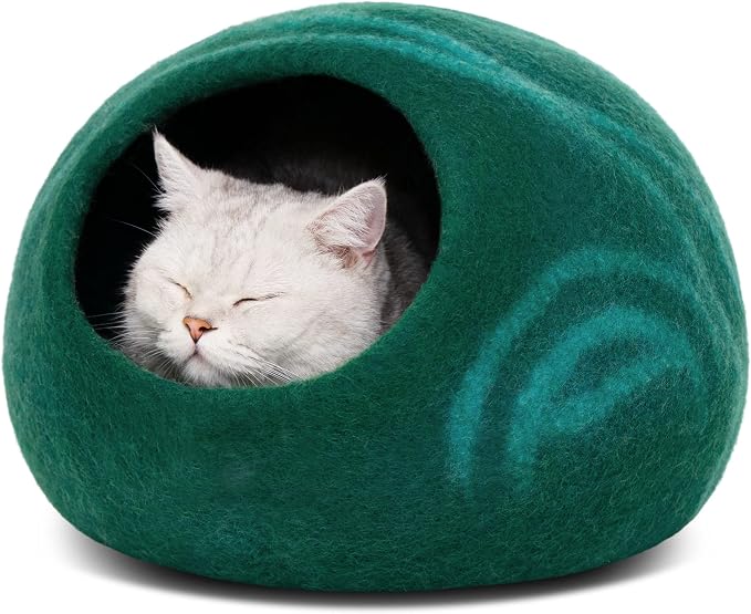 MEOWFIA Cat Cave – Premium Felt Cat Bed Enclosure for Indoor Cats, Handmade Merino Wool (Emerald, Medium)
