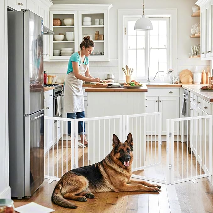 Vantas 80" x 24" Foldable Freestanding Extra Wide Dog Gate with Door,White | Pet Gate for Stairs and Doorways, Renter Friendly No Drill, Indoor Pet Fence Extra Wide, Easy Storage, With Support Feet