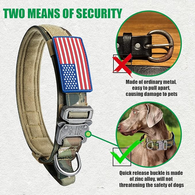 Tactical Dog Collar and Bungee Leash, Camo Military Dog Collar & Leash Set with USA American Flag Adjustable K9 Collar with Heavy Duty Metal Buckle & Handle,with Patches and Airtags Case (XL, Camo)