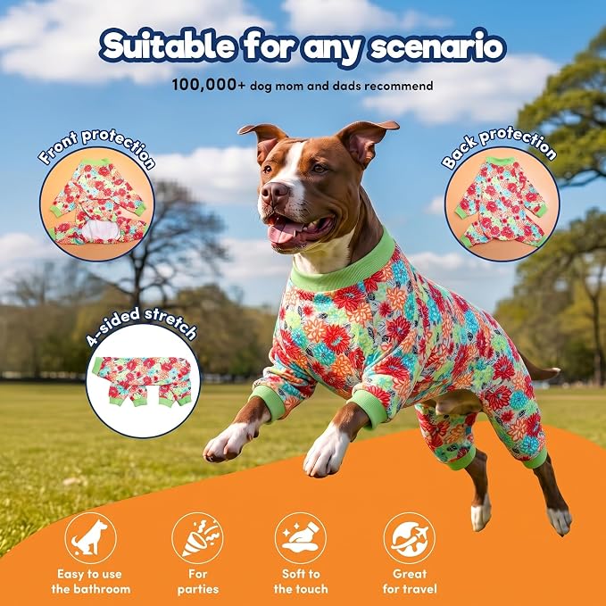 LovinPet Dog PJS Bodysuit for Large Dogs, Pet Pajamas for Dogs, Anti Licking & Anxiety Calming Dog Shirt, Lightweight Stretchy Fabric, Watermelon & Flowers Print, Pitbull Clothes, 2XL