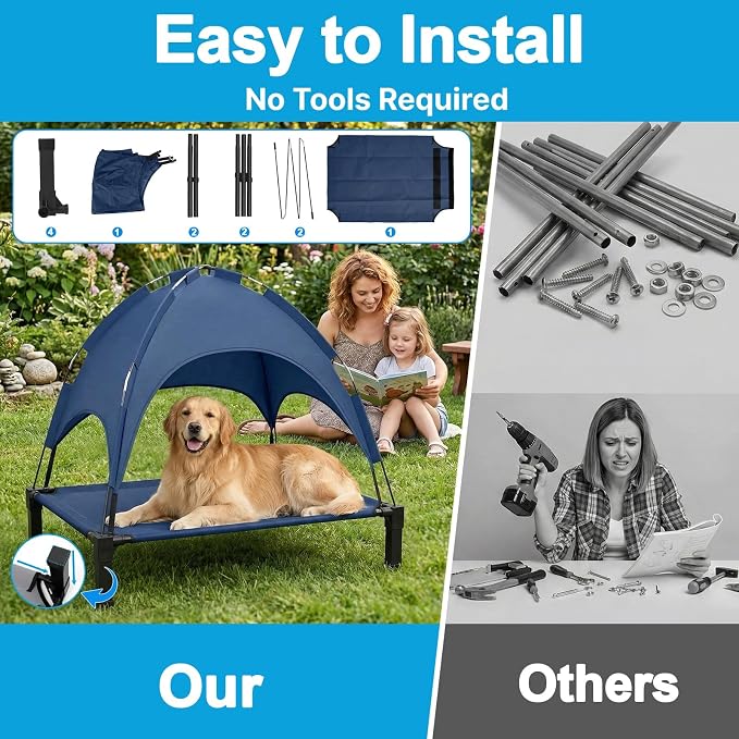 Elevated Dog Bed with Canopy, 42in Raised Pet Cot for Medium/Large Dogs up to 70lbs, Outdoor Portable Dog Tent with Removable Sun Shade & Breathable Mesh for Camping, Beach, and Backyard