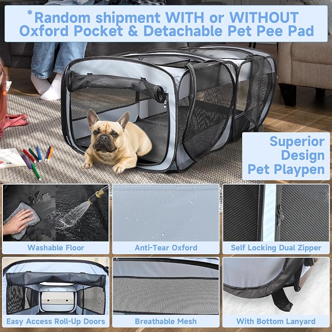 2-in-1 Dog Playpen, 58''Pop Up Cat Puppy Pet Playpen Indoor/Outdoor Cats Enclosed, Cat Dog Tent Crate Cage Kennel, Portable Playpen for Kitten, Small Animals Play Pen(No Divider, Unified Space)